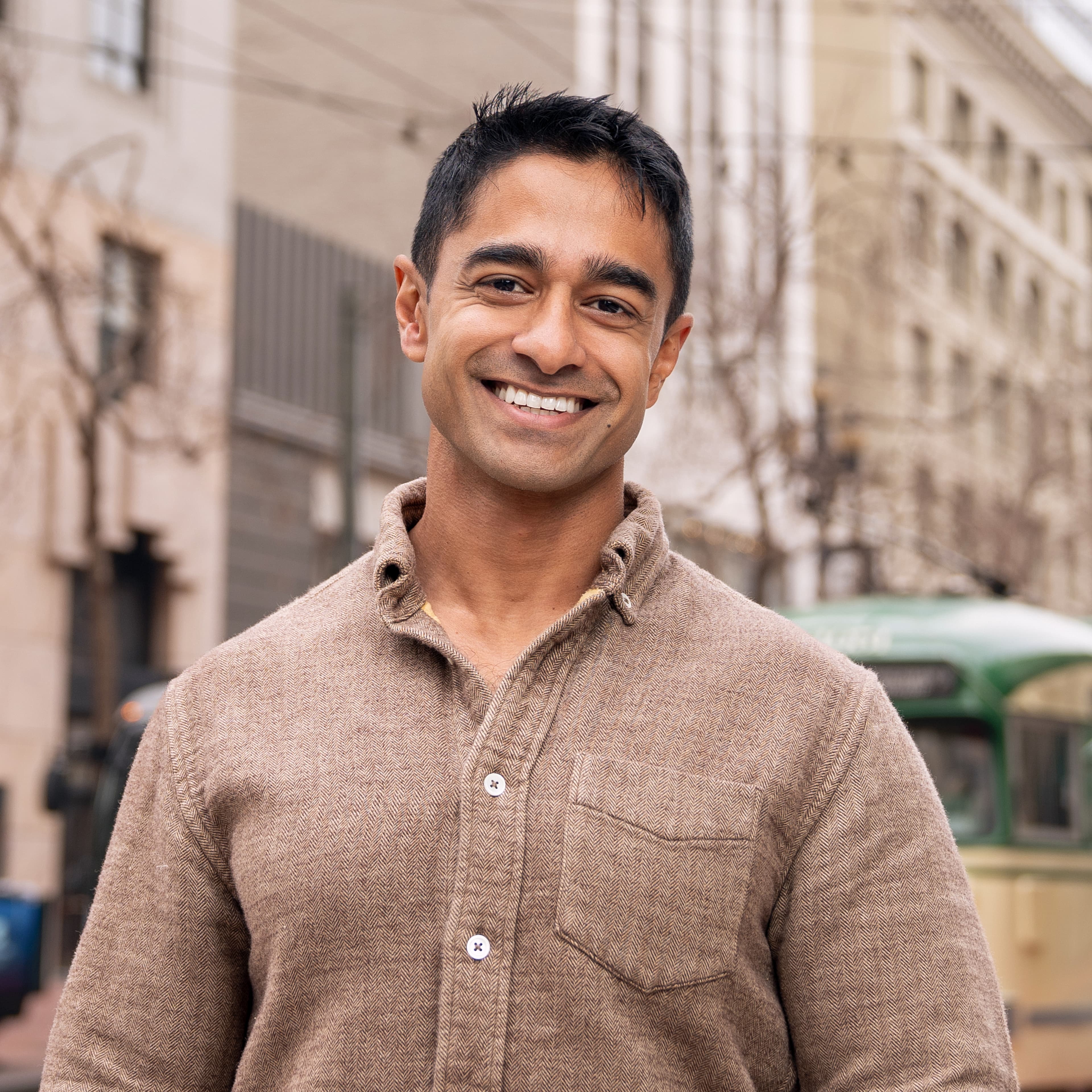 Saikat Chakrabarti on Market Street with historic streetcar